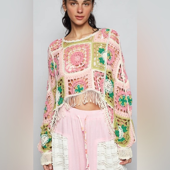 NWT Pol Round Neck Long Sleeve Crochet Cropped Fit Top Sweater New Pullover - Picture 1 of 6